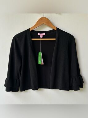 Lilly Pulitzer Cardigan Crop Black Metallic Ruffle Sleeve Women’s Size Small NWT